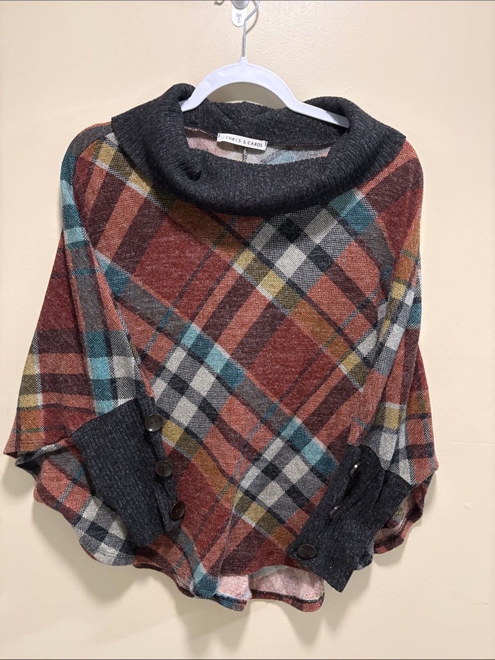 Chris & Carol Plaid Cowl Neck Sweater - Rust, Teal & Charcoal